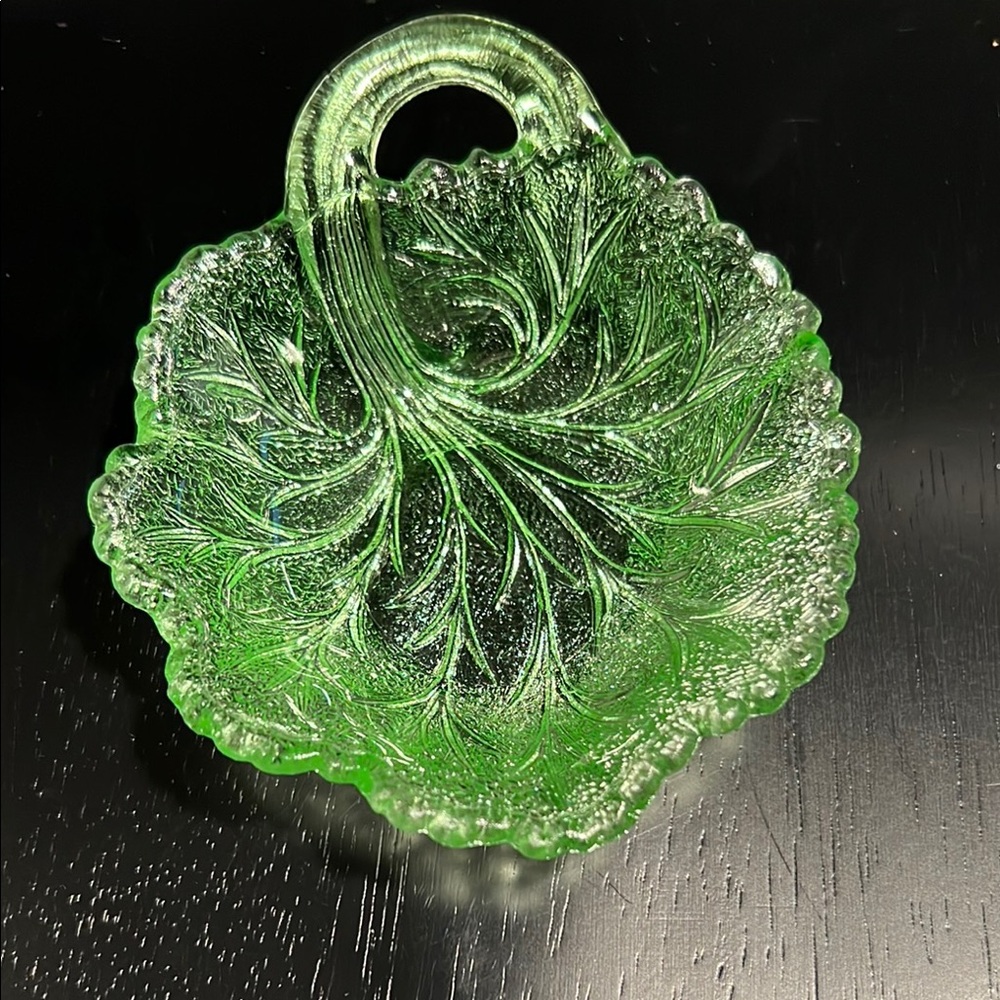 Elegant Green Glass cabbage leaf dish with beautiful glow.